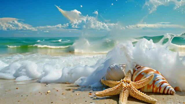 A starfish lies motionless on top of a sandy beach, blending in with its surroundings, Wave crashing on a beach with starfish and shells