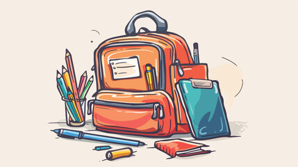 School backpack and stationery on light background vector
