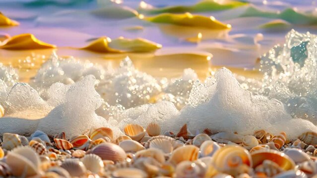 A detailed view capturing a collection of different seashells arranged haphazardly on the sandy shore of a beach, Waves crashing on a sandy beach filled with seashells