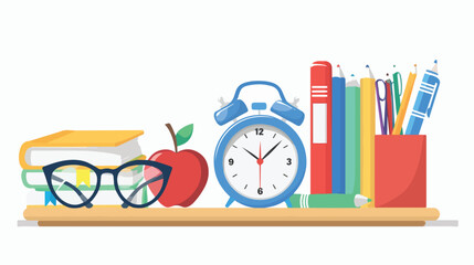 School stationery with apple eyeglasses and alarm clock 