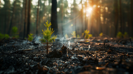 Wildfire burns ground in forest with young sapling growing out of the ashes of a burnt tree trunk....