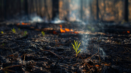 Obraz premium Wildfire burns ground in forest with young sapling growing out of the ashes of a burnt tree trunk. Contrast between the charred wood and the green of the new life