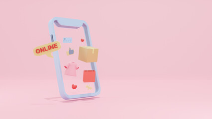 Smartphone Shopping in the Digital Age - Convenient Online Purchases with Pink Background and Cardboard Packaging. 3d rendering