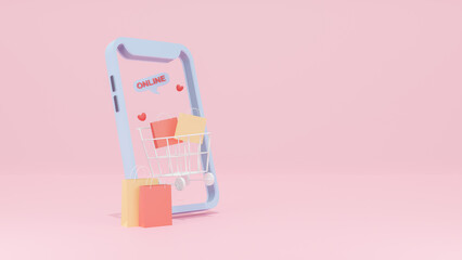 Smartphone Shopping in the Digital Age - Convenient Online Purchases with shopping bag and Shopping cart on Pink Background. 3d rendering