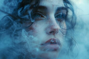 Fototapeta premium A close-up portrait of a woman with intense eyes, surrounded by ethereal smoke, conveying mystery