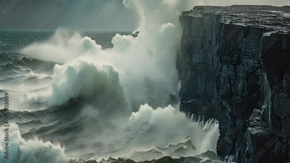 Poster a massive wave forcefully collides with a rugged cliff, creating a dramatic and intense display of n