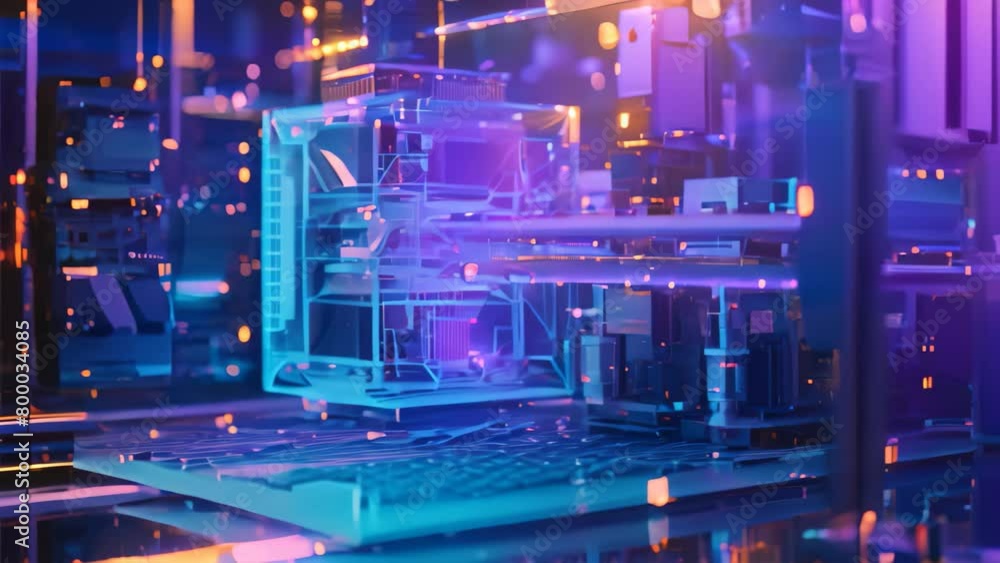 Poster a 3d rendering of a machine in operation inside a laboratory, wireframe of a 3d printer printing an 