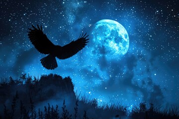 Owl in Flight with a Majestic Moon and Star Background
