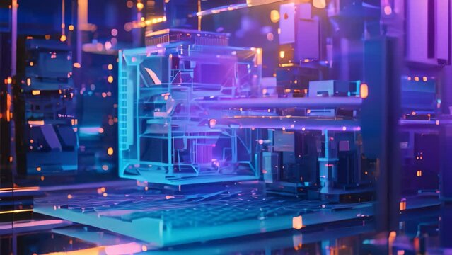 A 3D rendering of a machine in operation inside a laboratory, Wireframe of a 3D printer printing an object