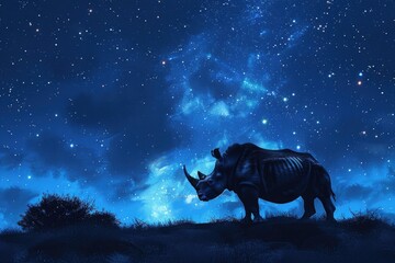 Rhinoceros Silhouette Under a Star-Scattered Sky