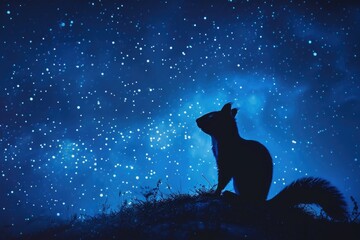 Squirrel Silhouette Against Moonlit Starry Night