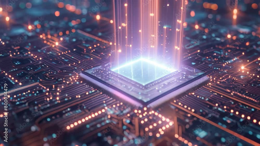 Poster an electronic circuit board with a glowing light emanating from it, showcasing a fascinating electro