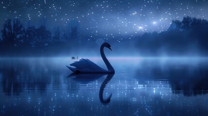 Swan Silhouette in a Serene, Starry Waterland