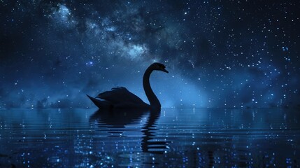 Swan Silhouette in a Serene, Starry Waterland