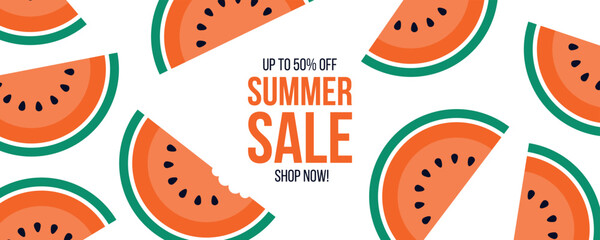 Summer Sale promotional banner. Summertime commercial background with watermelon for seasonal shopping, summer sale promotion and advertising. Vector illustration.