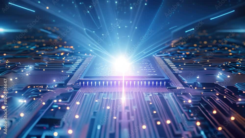 Poster a computer chip with a bright light emitting from its surface, showcasing the dynamic nature of mode
