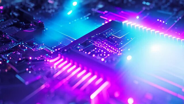 An up-close view of a computer processor, showcasing the intricate circuitry and transistors that power digital devices, A computer chip with light rays emitting from it
