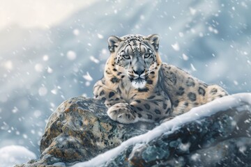 now leopard walking in hunting pose on the snowy mountain.