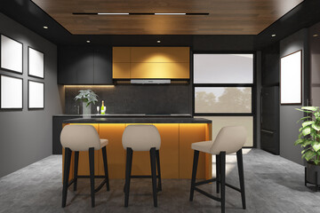 3d rendering illustration of yellow and dark gray pantry side the window with island, bar chair, frame mock up. Cement floor and wood ceiling. Set 19