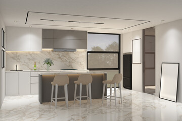 3d rendering illustration of white and gray pantry side the window with island, bar chair, frame mock up. White marble floor and white ceiling. Set 20