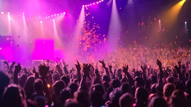 A vibrant crowd of music enthusiasts rejoicing at a concert as confetti fills the air, A confetti storm during a music concert
