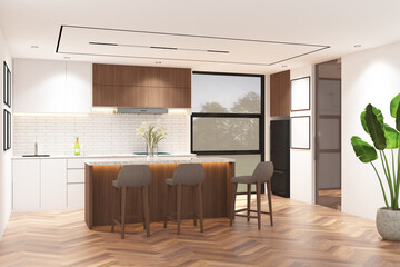 3d rendering illustration of wood and white duco pantry side the window with island, bar chair, frame mock up. Wood parquet floor and white ceiling. Set 23