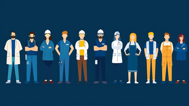 Group of people of different occupations standing on the dark blue background.