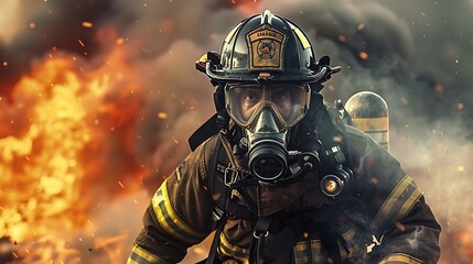 In this striking visual, a firefighter is depicted against a backdrop of flames, the challenges they bravely face