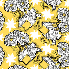 Gift box, ribbon and flowers seamless vector pattern for wrapping present with bow, party celebration, sale promotion, Textile print, fabric design, banner background. Hand drawn style illustration.