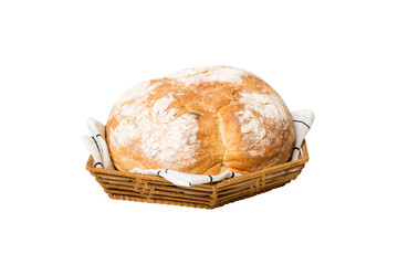 Freshly baked bread on basket isolated on white background. Perspective view bread copy space