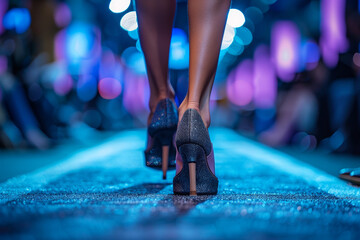 A close-up shot of the shoes worn by fashion models as they walk down the catwalk, focusing on the details and style of the footwear, using a shallow depth of field to blur the background.