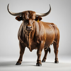 Naklejka premium A brown cow with horns is standing in front of a gray background.