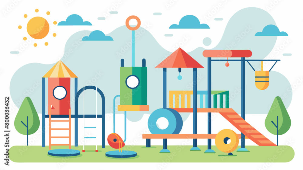 Poster a variety of swings slides and climbing structures with sensory elements such as musical panels text