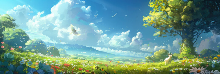 A painting depicting a field filled with colorful flowers and various trees under a bright sky