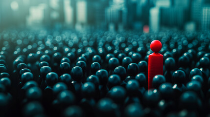 Obraz premium A striking image featuring a solitary red figure standing among a black crowd with a cold city backdrop