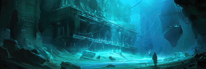 A solitary figure stands amidst colossal underwater ruins, hinting at a lost civilization