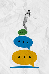 Composite trend sketch photo collage of young lady balance on huge text box mind talk cloud...