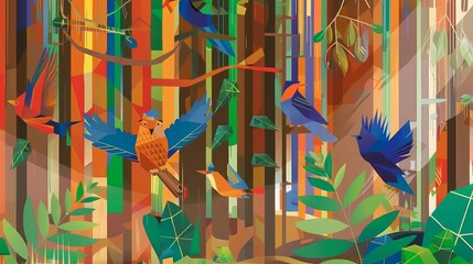 Vibrant geometric rainforest with colorful birds in motion, artistic nature scene