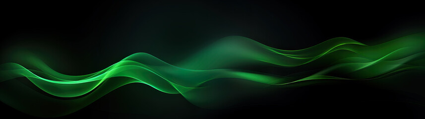 Abstract background with asymmetrical glowing translucent green wave on black backdrop