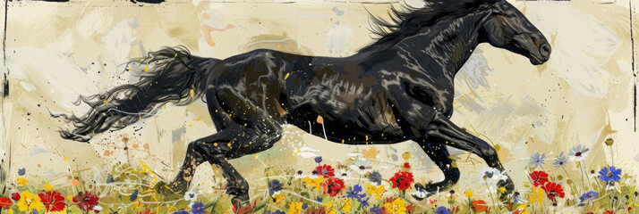 A dynamic painting capturing a black horse running energetically through a vibrant field of blooming flowers