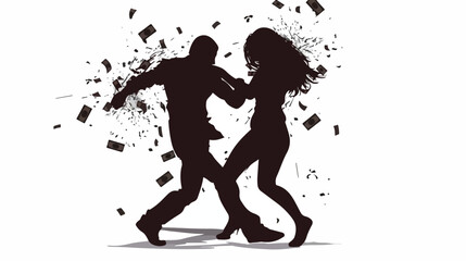 Silhouette of man with money beating his wife on white 