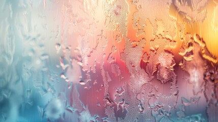 Condensation on a window pane creates a colorful, abstract pattern.