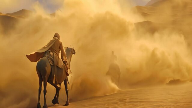 A man confidently rides a camel across the vast and arid expanse of the desert, A desert nomad and his camel trudging against a sandstorm