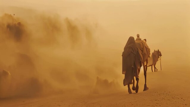 A captivating Video capturing the resilience and adventurous spirit of a man walking with a camel in the desert, A desert nomad and his camel trudging against a sandstorm