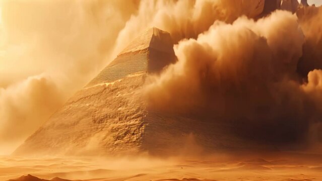 A captivating photo capturing the essence of a desert with dust swirling in the air, A desert sandstorm swallowing an ancient pyramid