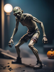 zombie skeleton statue with a pumpkin