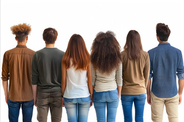 A group of people stand in a line, with one person wearing a brown shirt and another wearing a white shirt. The group is diverse in terms of hair color and style, with some people having curly hair