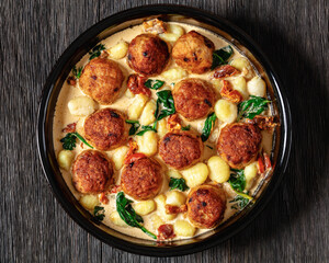 tuscan chicken meatballs with gnocchi in a dish
