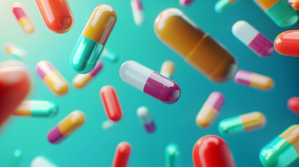 colorful pills and capsules flying on a blue background. 