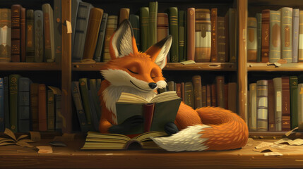 Fototapeta premium A fox sitting and reading a book in front of a bookshelf filled with books